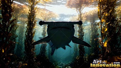 A hammerhead shark swims forward through tall green kelp in sunny water