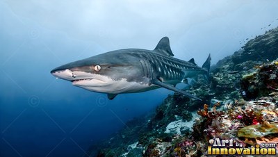Along a coral reef, a striped tiger shark swims through bright blue water