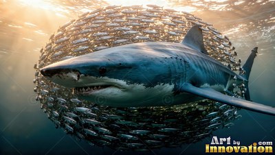 Swimming past a round school of fish, a great white shark cuts through sunlit ocean water