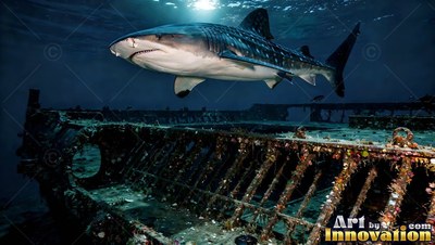 A tiger shark swims over a sunken shipwreck in dark water