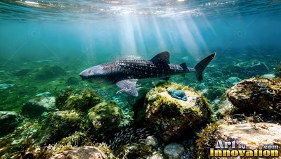 White spots cover a whale shark moving over rocky reef shallows under bright sunbeams