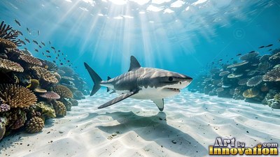 A shark swims over sandy ocean ground between reefs under bright sunbeams