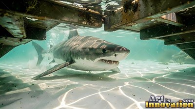Swimming forward under a wooden dock, a great white shark over sandy shallows