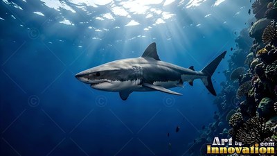 A great white shark travels under bright sun beams in deep bright blue water beside a reef