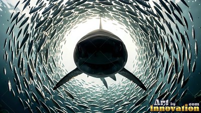In the bright open ocean, a dark shark moves through a swirling circle of fish