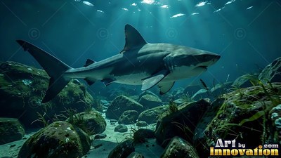 Swimming over mossy sea rocks, a pale gray shark turns under sunlit water