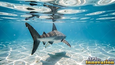 A shark swims over sandy shallows in clear blue water