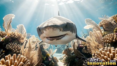 Wide open jaws on a pale gray shark swimming over a sunlit reef of tan sea fans