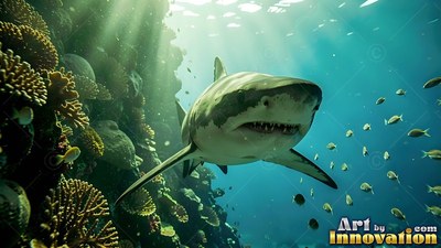 A shark swims near a coral reef as sunlight filters down through clear turquoise water