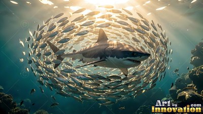 Turned sideways, a great white shark travels inside a swirling ball of silver fish