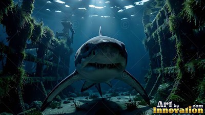 A shark swims straight toward you through the dark wooden ribs of a sunken ship