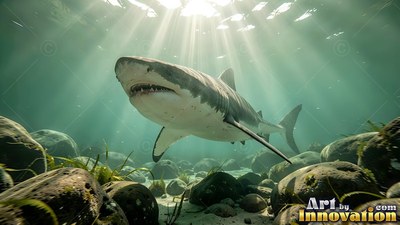 In sunlit green water, a great white shark moves above smooth stones
