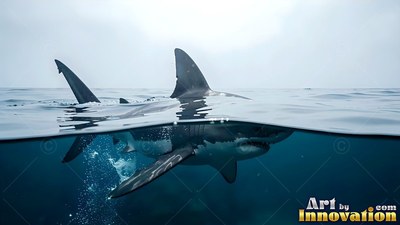 Swimming at the water surface, a shark shows its dorsal fin above blue ocean waves