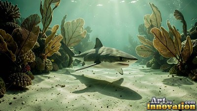 A shark swims near the sandy ocean floor beside coral reefs
