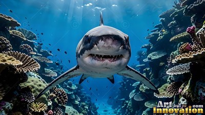 Rows of sharp white teeth show as a shark swims directly forward through a blue coral reef