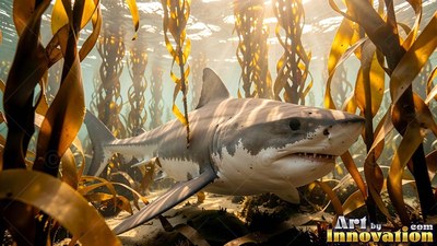 A great white shark moves through tall brown kelp under warm sunlight dappling the water