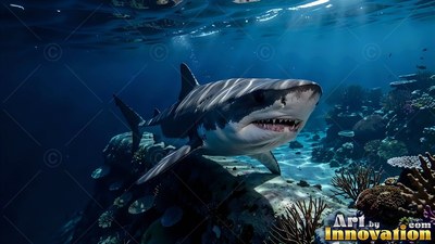 Swimming forward, a shark bares its teeth over a coral reef in clear bright blue water