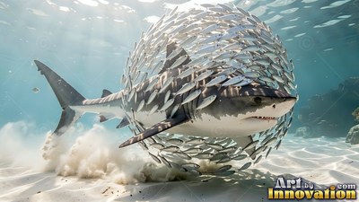 A great white shark swims through a round ball of silver fish over clean white sand