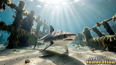 Over a sunlit sandy seabed, a pale gray shark swims past wooden ruins