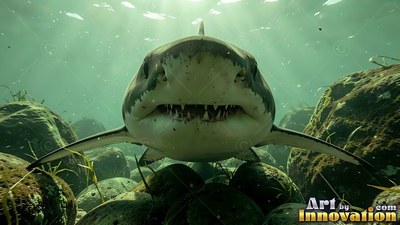 Swimming toward the viewer, a shark bares its sharp teeth over green rocks