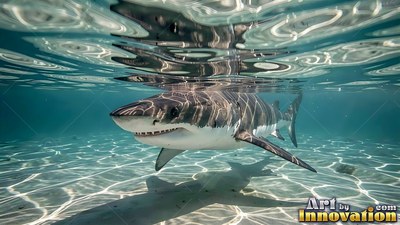 A shark swims in shallow clear water over a sandy sea floor