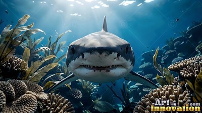 Pointed teeth show in the mouth of a shark swimming forward above a coral reef under bright sunbeams