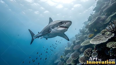 A great white shark cruises along a coral reef under bright sunlight in clear pale blue water