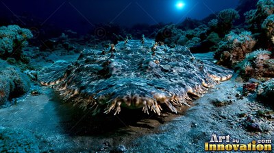 Fringed skin flaps rim a flat wobbegong shark resting on a dark ocean floor