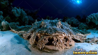 A wobbegong shark rests flat on white seabed sand beneath dim clear blue water