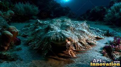 Lying flat on a dark sandy seabed, a carpet shark rests under dim light
