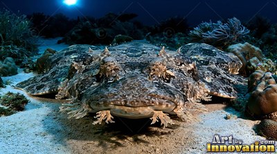 A flat carpet shark rests on the sandy seabed near dark coral reefs
