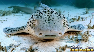 On the sandy ocean floor, a spotted zebra shark rests facing forward