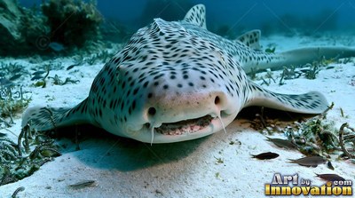 Spotted zebra shark resting on pale sand underwater