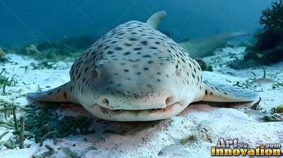 Dark spots cover a spotted shark resting on clean white sand in clear pale blue water