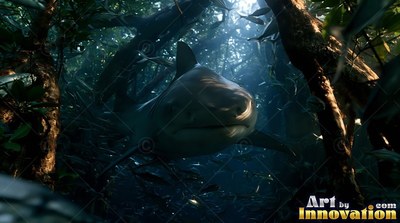 A shark swims forward through underwater mangrove roots under dim green light