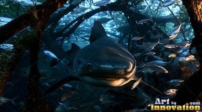 Facing forward, a shark moves through dark mangrove roots with small fish