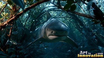 A gray shark swims forward through dark mangrove roots under dim green water