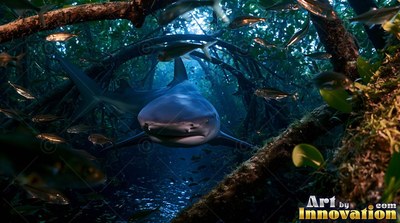In a dark mangrove forest, a gray shark swims forward under roots