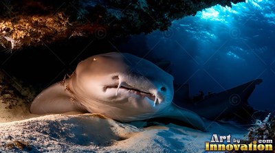 A pale nurse shark rests on white sand inside a dark sea cave under deep blue water