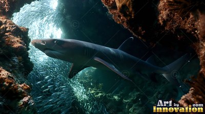 A gray shark glides through a dark cave lit by pale blue light from a school of fish