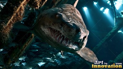 Facing forward, a shark passes through a dark shipwreck in deep blue water