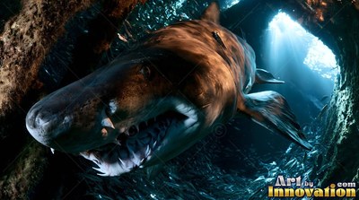 A brown shark swims out of a dark cave toward blue sunlight