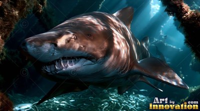 In sunlit bright blue water, a brown shark shows pointed teeth near a sea floor of fish