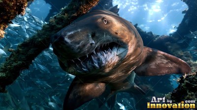 Swimming through deep blue water, a brown shark bares sharp teeth near a dark reef