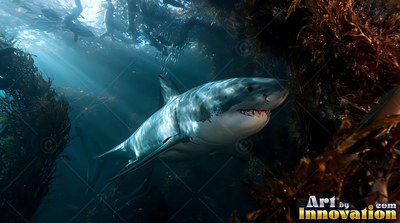 A shark swims through a dark kelp forest in bright blue water