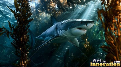 White belly showing, a great white shark travels through a sunlit kelp forest in green water