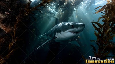 A great white shark moves through a kelp forest as bright sunbeams filter into the water