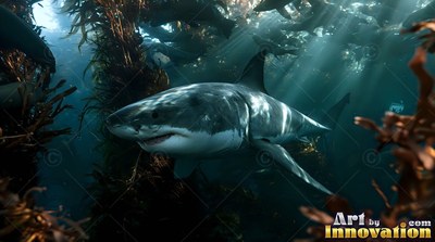Swimming forward through a kelp forest, a great white shark turns in sunlit water