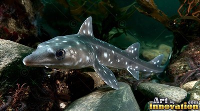 In a dark kelp bed, a small spotted shark swims over rocky ground