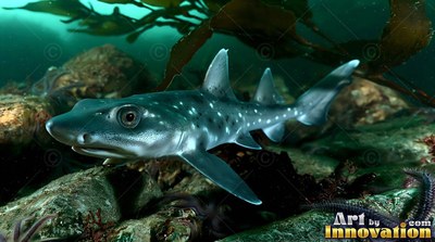 Swimming over rocky ground, a spotted gray shark glides past brown kelp leaves